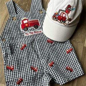 Starting Out Black and White Checkered Overalls with Fire Truck Design